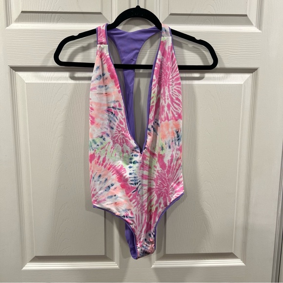 NEW Maaji Tiky Reversible One Piece Swimsuit Purple Tie Dye Plunge Neck Medium - Picture 3 of 9